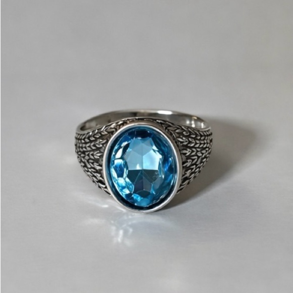 💙Striking Blue Gem 💎 Textured Silver Tone Ring 💙 Unisex - Picture 2 of 6
